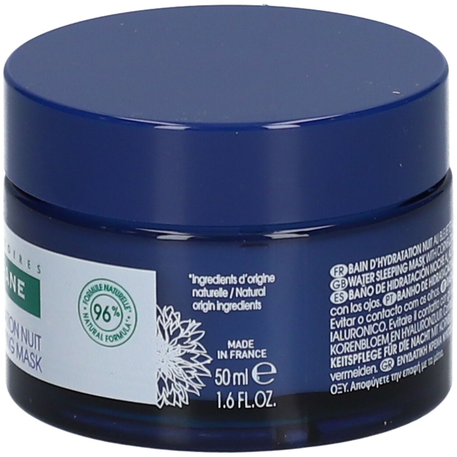 Pot bleu avec couvercle. Inscription: KLORANE, Bain d'Hydratation Nuit Water Sleeping Mask. Motif de bleuet. 50 ml.