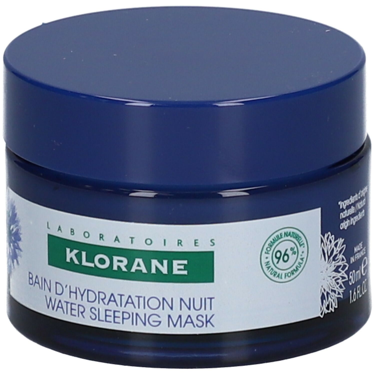 Pot bleu avec couvercle. Inscription: KLORANE, Bain d'Hydratation Nuit Water Sleeping Mask. Motif de bleuet. 50 ml.
