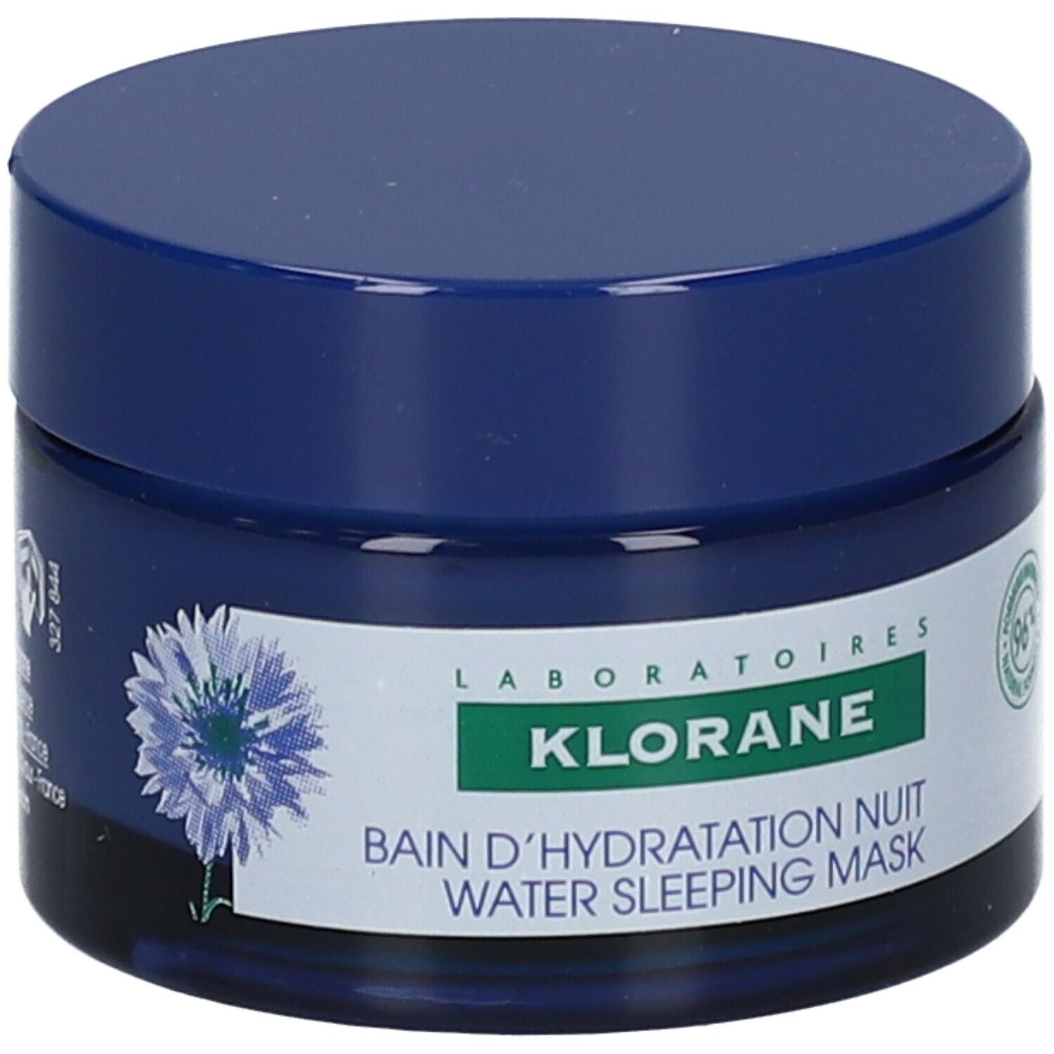 Pot bleu avec couvercle. Inscription: KLORANE, Bain d'Hydratation Nuit Water Sleeping Mask. Motif de bleuet. Formule naturelle à 96%.