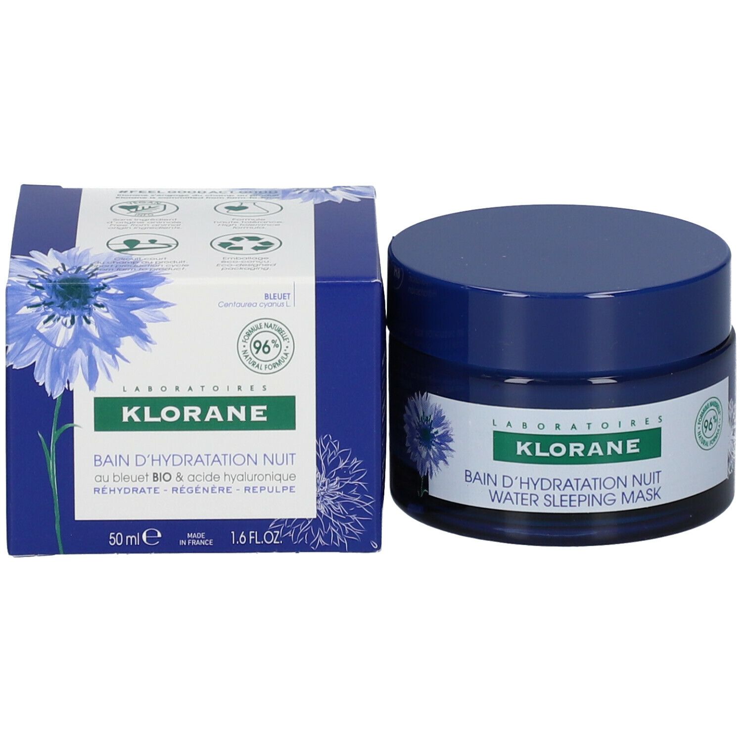 Pot bleu et boîte. Inscription: KLORANE, Bain d'Hydratation Nuit Water Sleeping Mask. Motif de bleuet. 50 ml.