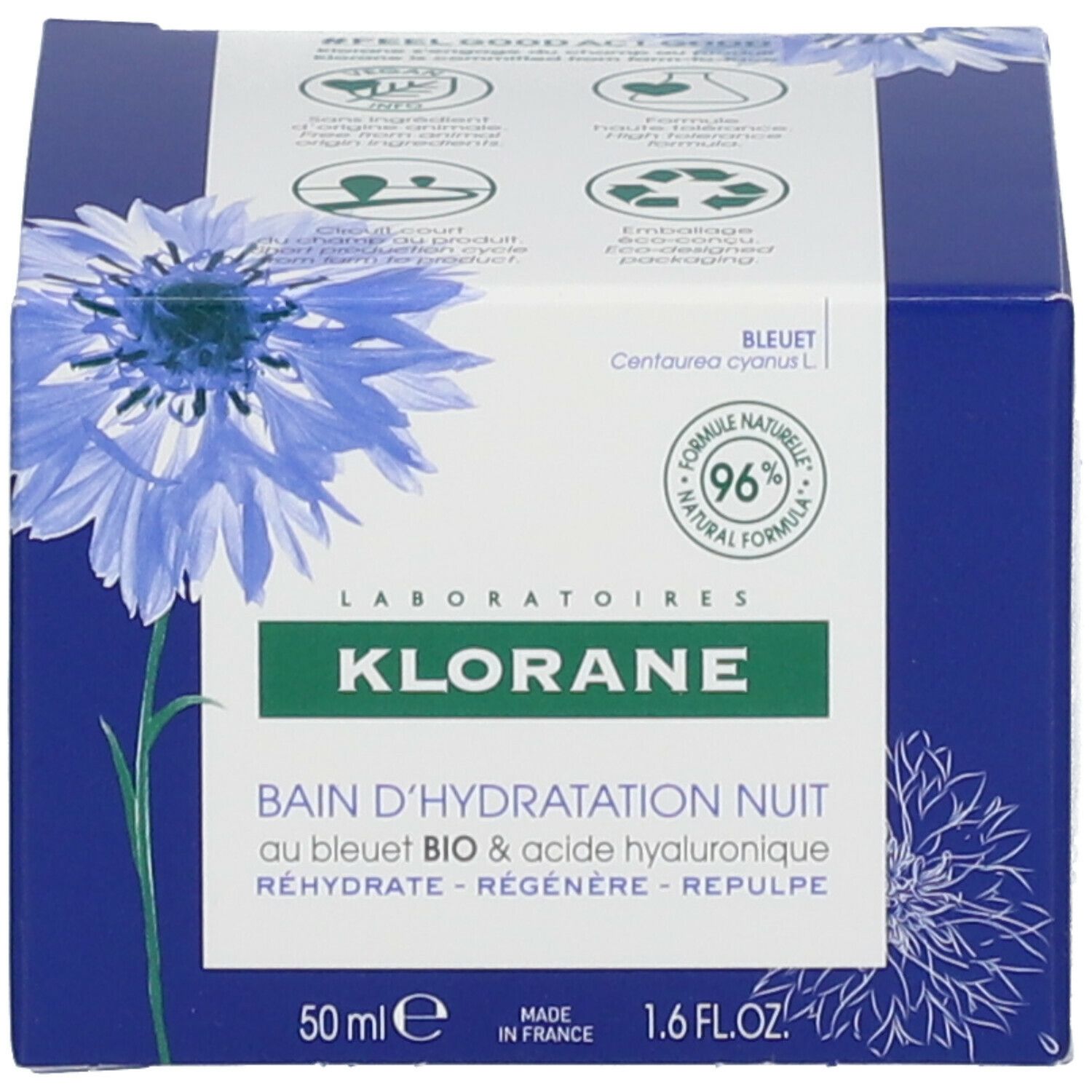 Boîte bleue. Inscription: KLORANE, Bain d'Hydratation Nuit au bleuet BIO & acide hyaluronique. Motif de bleuet. 50 ml.