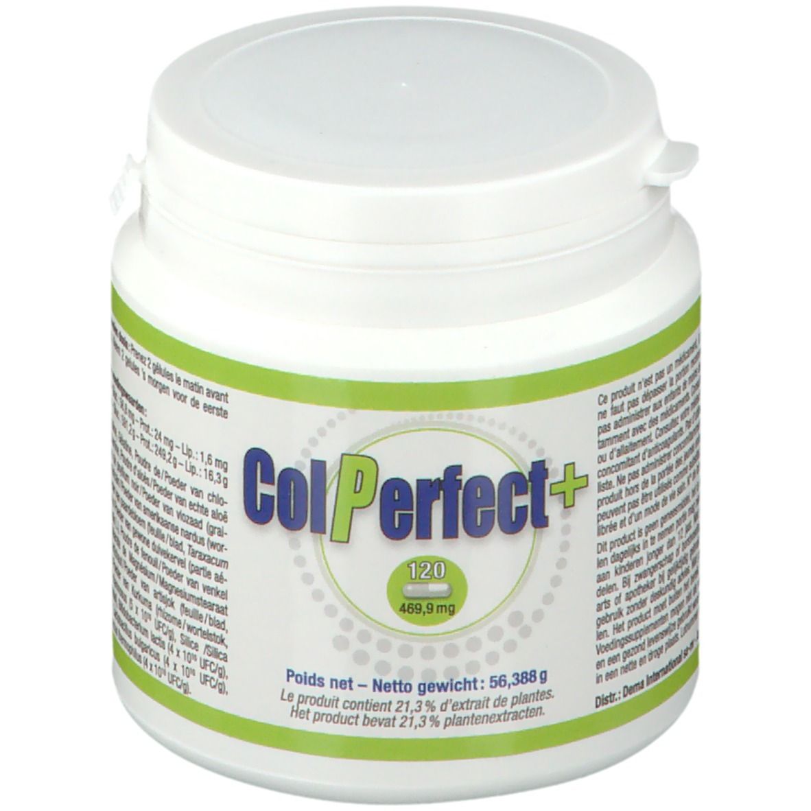 Witte ColPerfect+ supplementenpot met groen etiket. Bevat 120 capsules. Opschrift: 469,9 mg.