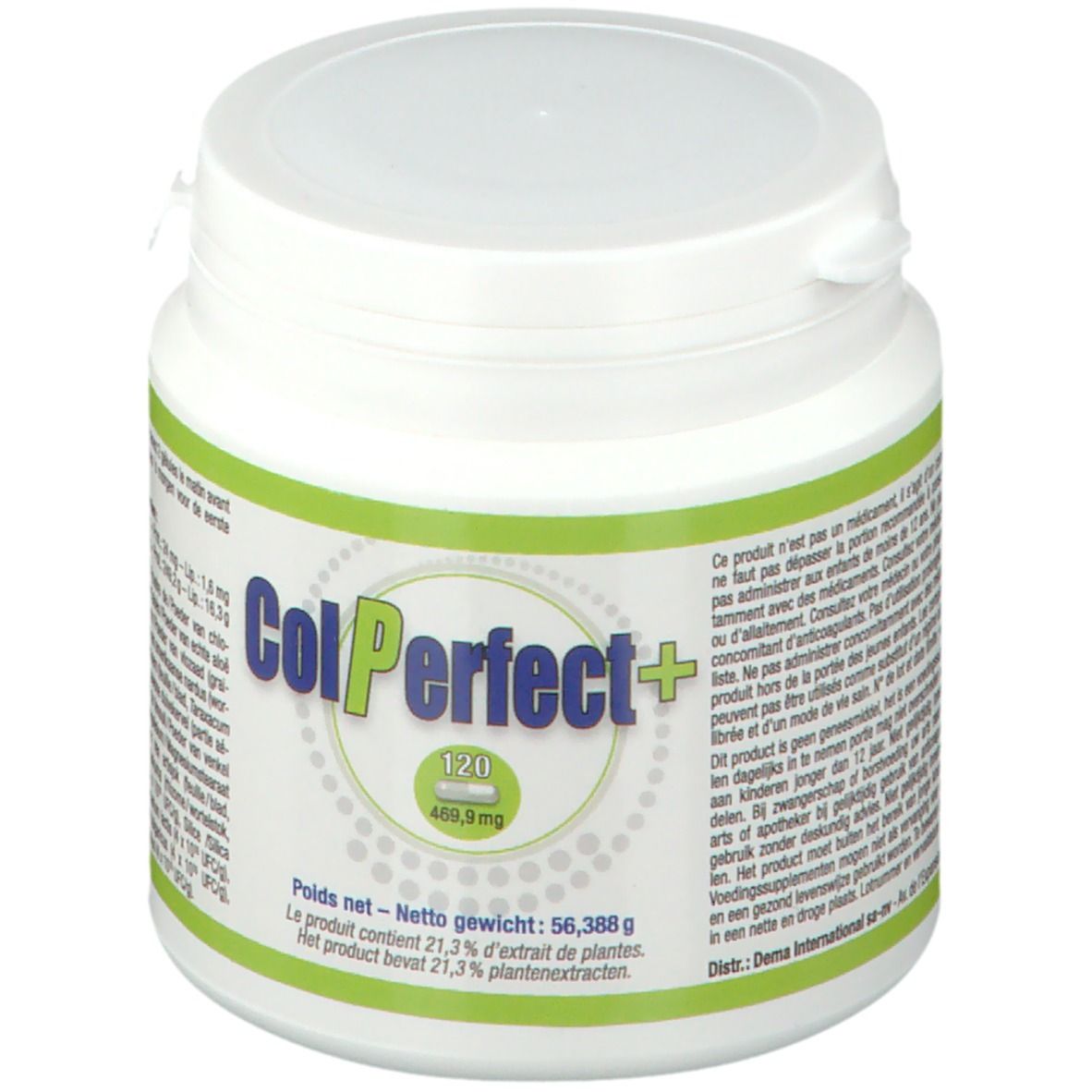 Witte ColPerfect+ pot met groen etiket. Bevat 120 capsules. Opschrift: 469,9 mg.
