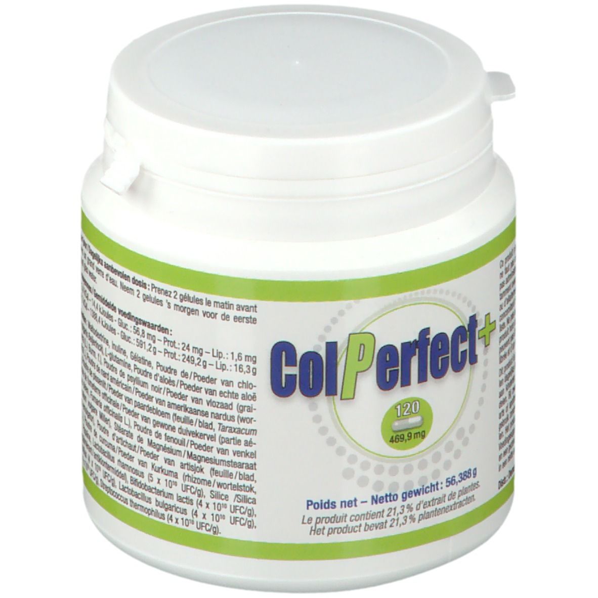 Witte ColPerfect+ pot met groen etiket. Bevat 120 capsules. Opschrift: 469,9 mg. Ingrediëntenlijst.