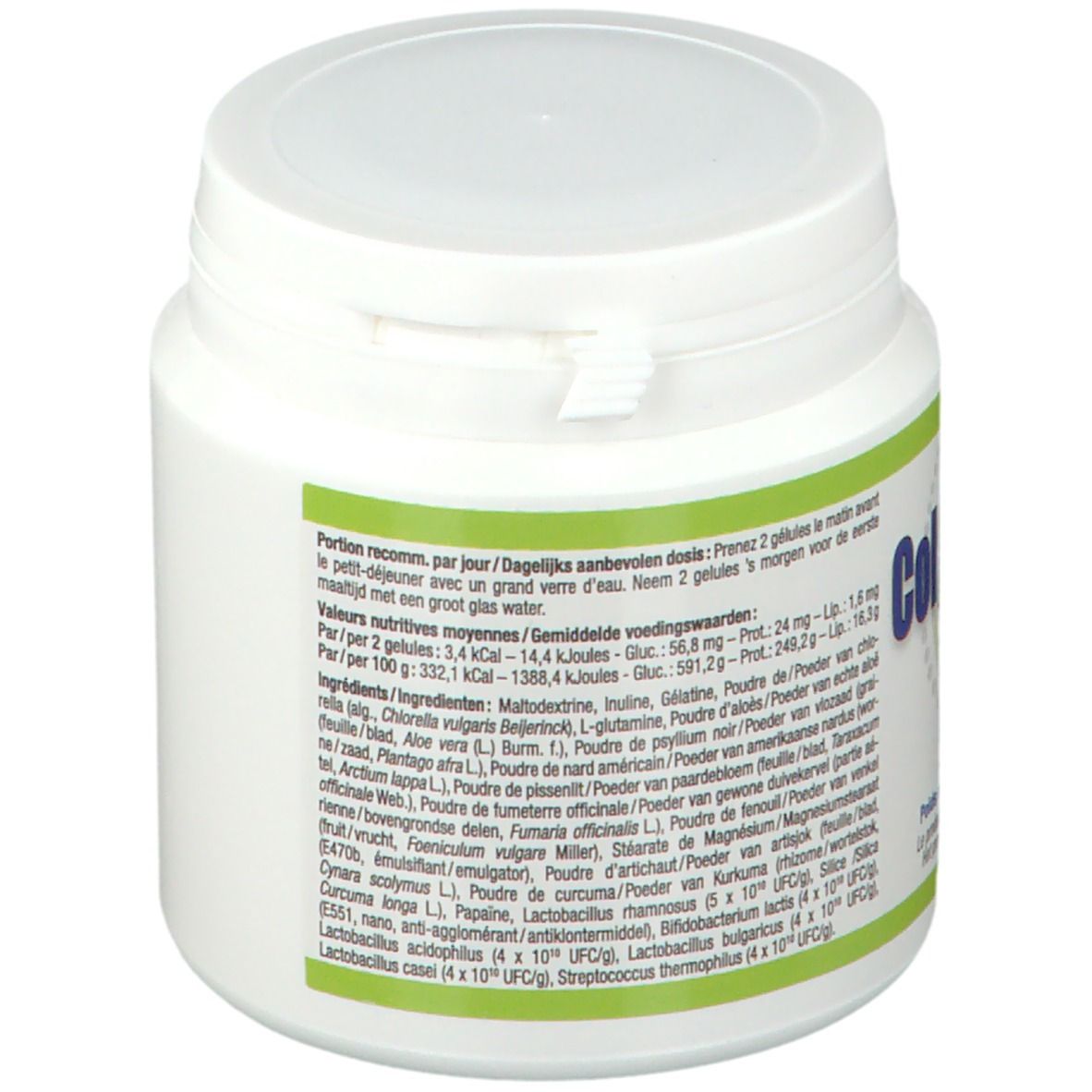 Witte ColPerfect+ pot met groen etiket. Bevat 120 capsules. Opschrift: 469,9 mg. Ingrediëntenlijst.