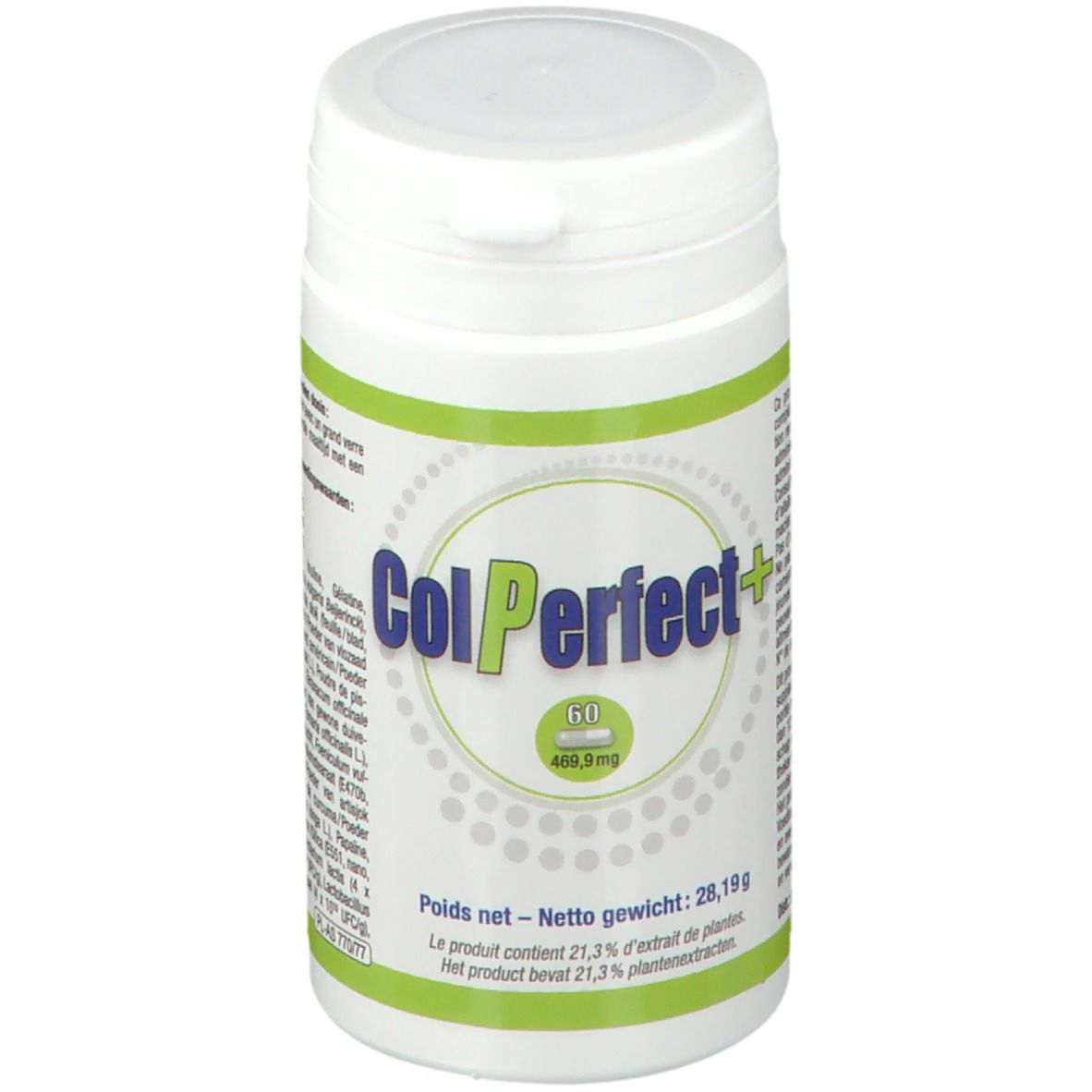 Witte pot met groen etiket. Opschrift: ColPerfect+. Bevat 60 capsules. Nettogewicht: 28,19g. Tekst in het Duits, Frans en Nederlands.