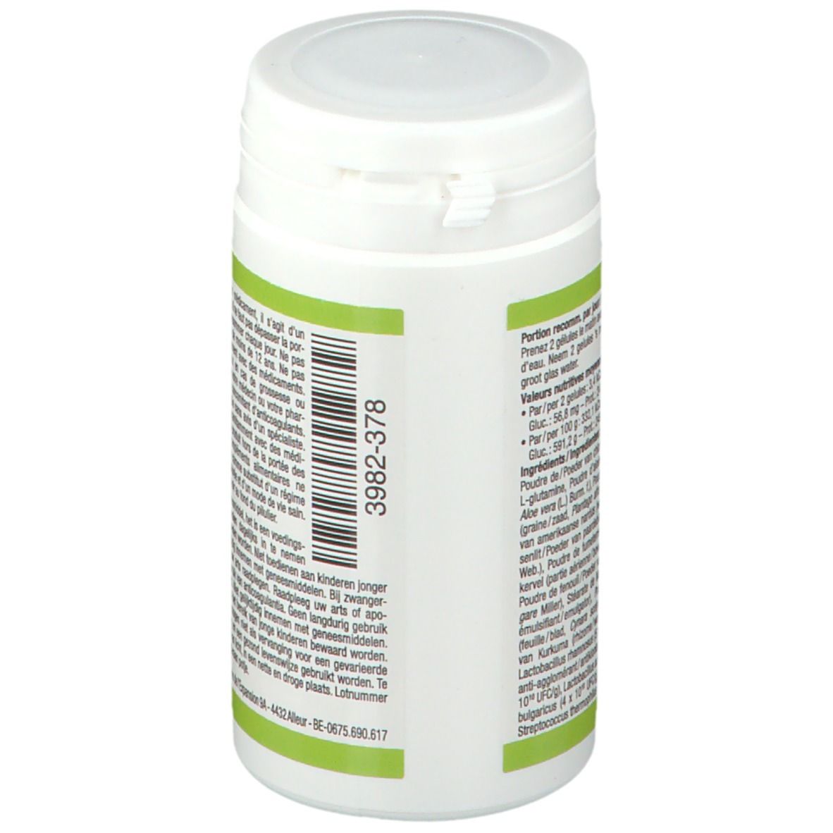 Witte pot met groen etiket. Barcode en tekst in het Duits, Frans en Nederlands. Achteraanzicht van de pot.