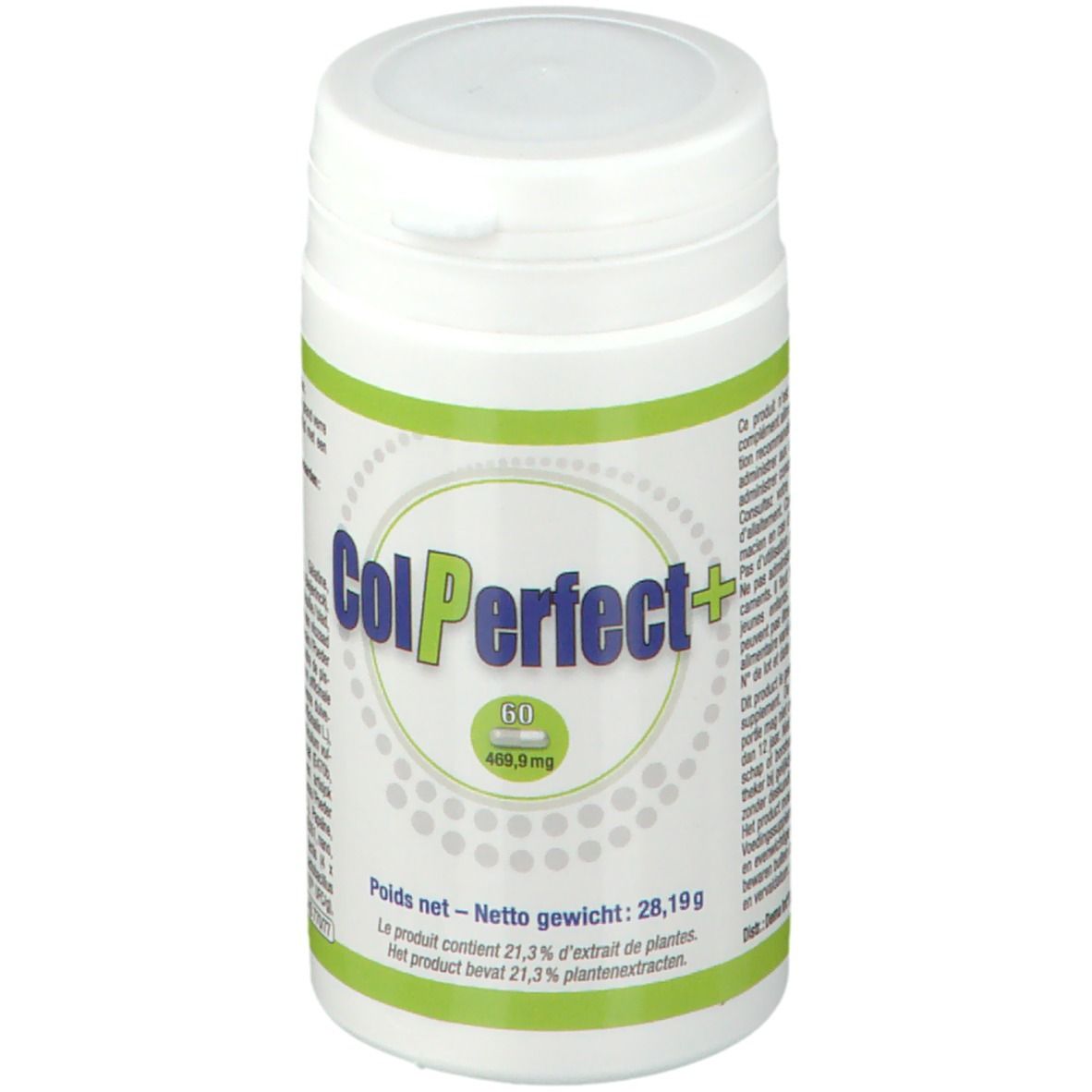 Witte pot met groen etiket. Opschrift: ColPerfect+. Bevat 60 capsules. Nettogewicht: 28,19g. Tekst in het Duits, Frans en Nederlands.