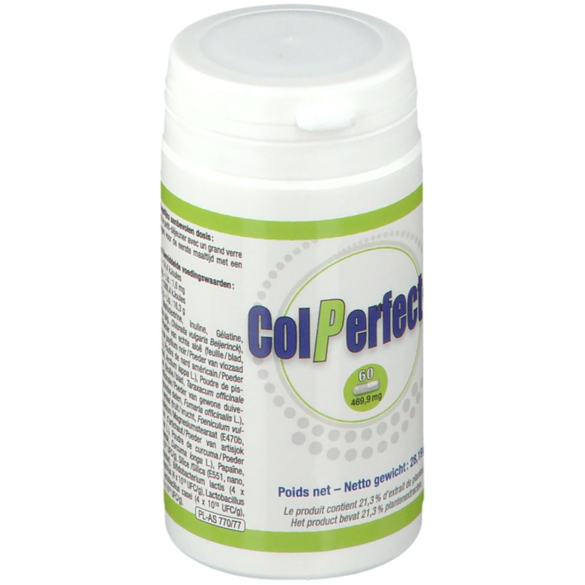 Witte pot met groen etiket. Opschrift: ColPerfect+. Bevat 60 capsules. Nettogewicht: 28,19g. Tekst in het Duits, Frans en Nederlands.