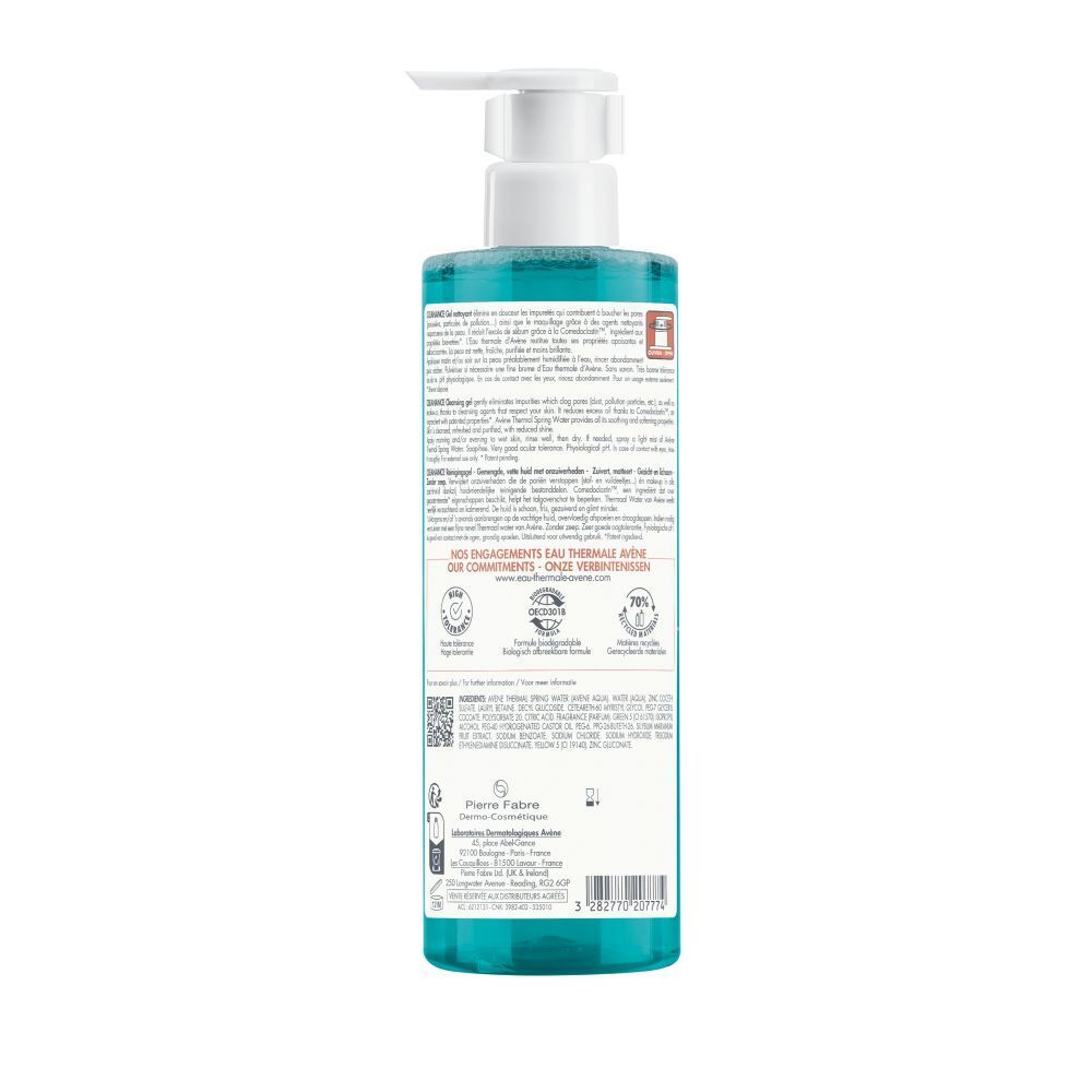 Dos du flacon de gel nettoyant avec texte et logos.