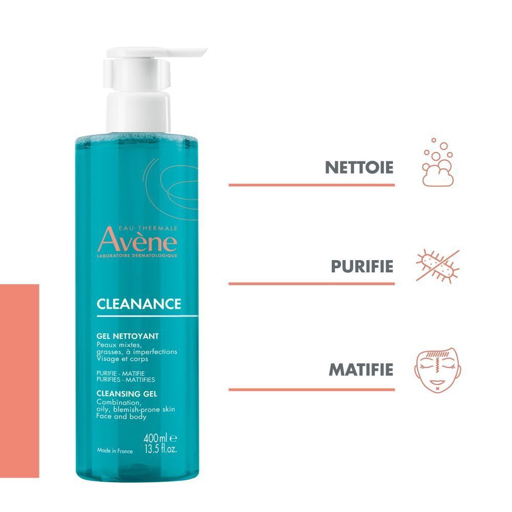 Flacon de gel nettoyant avec texte et illustrations.