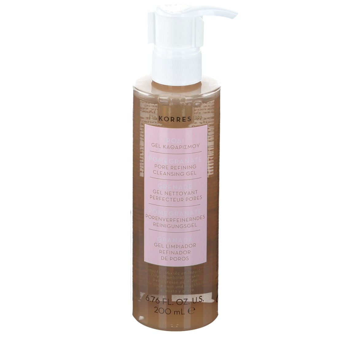 KORRES reinigingsgel. Transparante fles met witte pomp. Roze etiket met productinformatie.