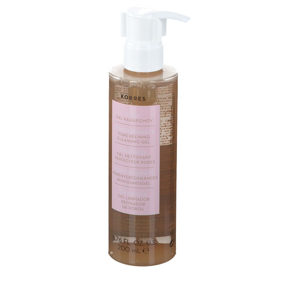 KORRES reinigingsgel. Transparante fles met witte pomp. Roze etiket met productinformatie.