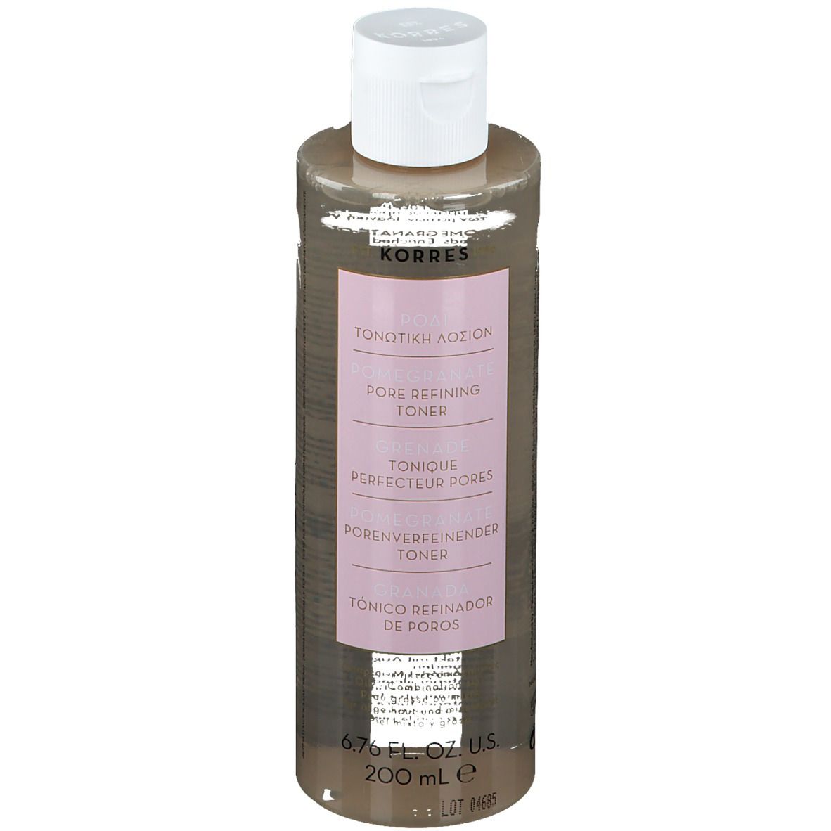 Flacon cylindrique transparent avec bouchon blanc. Étiquette rose avec texte: Toner affinant les pores, marque KORRES.