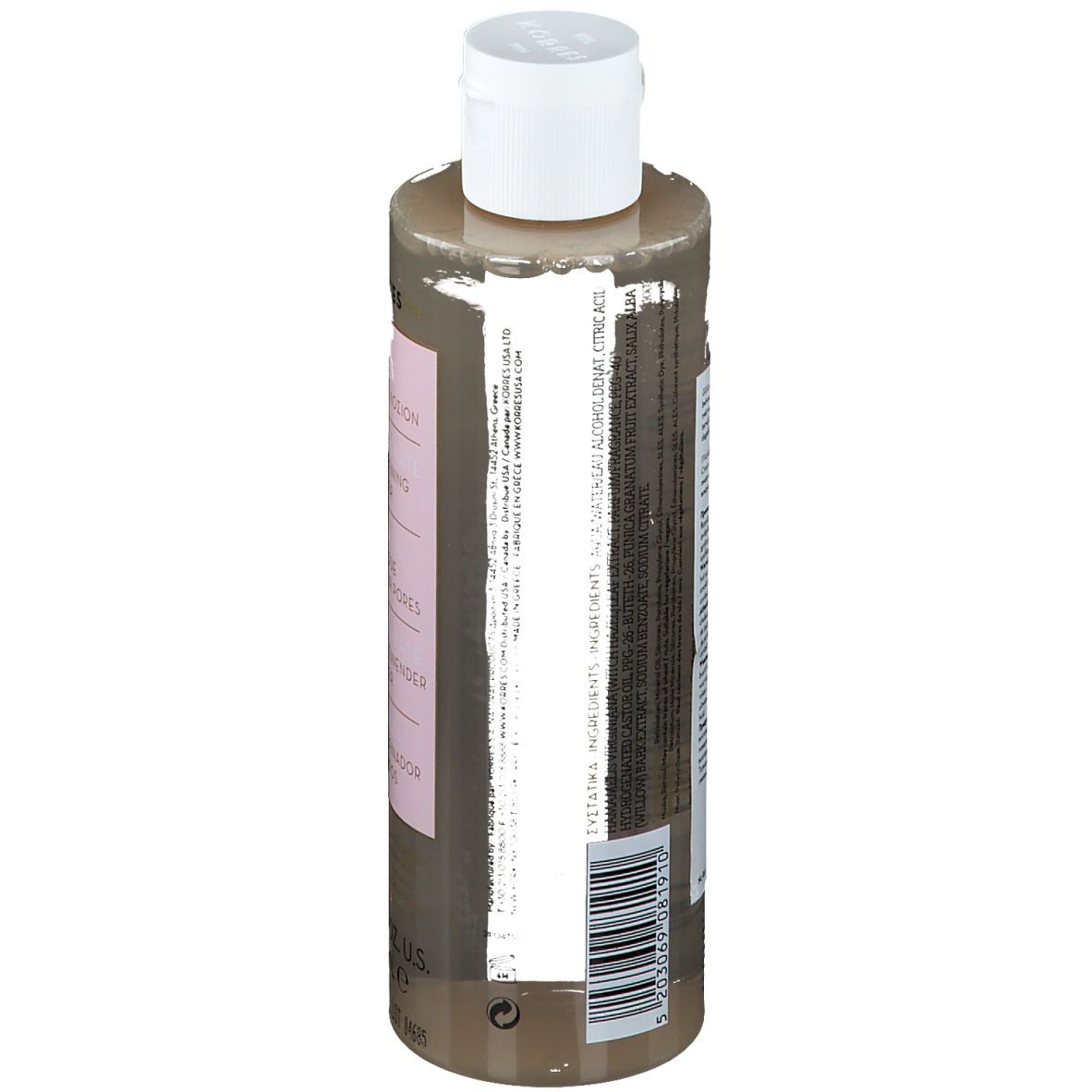 Dos d'un flacon cylindrique avec bouchon blanc. Étiquette avec texte et code-barres. Contient ingrédients et avertissements.
