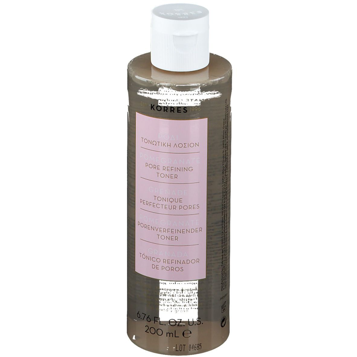 Flacon cylindrique transparent avec bouchon blanc. Étiquette rose avec texte: Toner affinant les pores, marque KORRES.