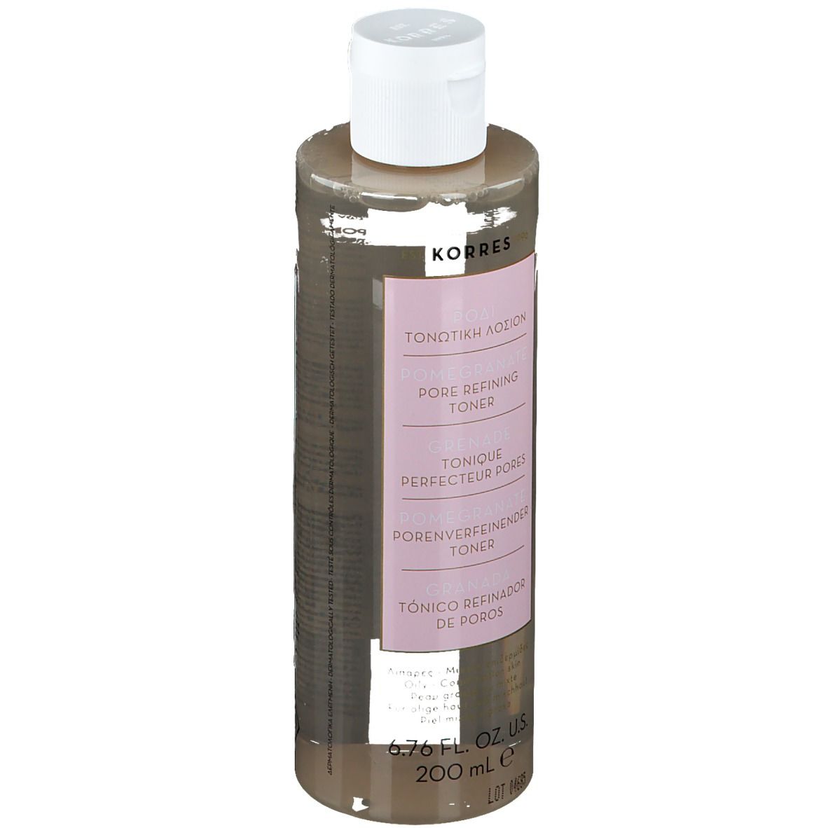 Flacon cylindrique transparent avec bouchon blanc. Étiquette rose avec texte: Toner affinant les pores, marque KORRES.