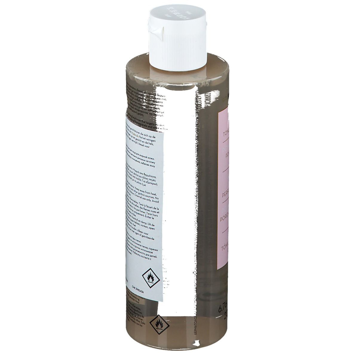 Dos d'un flacon cylindrique avec bouchon blanc. Étiquette avec texte et pictogrammes. Contient ingrédients et avertissements.