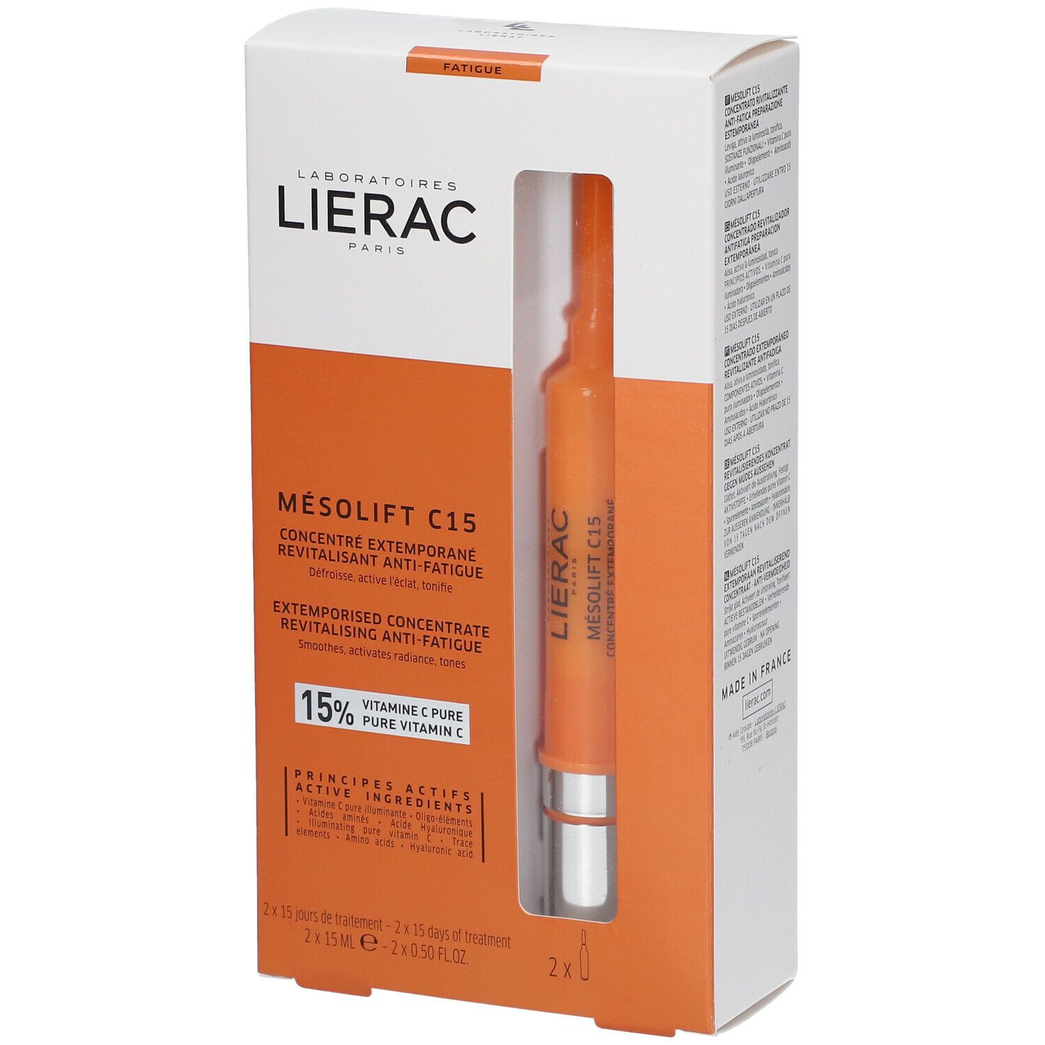 Emballage Lierac Mésolift C15. Ampoule visible dans la boîte. Inscription: nom du produit, marque, texte et 15% vitamine C.