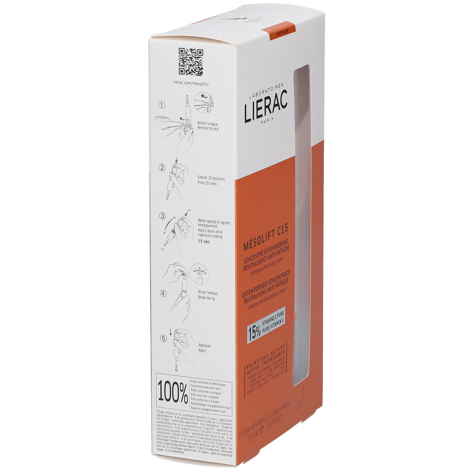 Dos de l'emballage Lierac Mésolift C15. Texte et illustrations. Code QR et logo 100% recyclé.