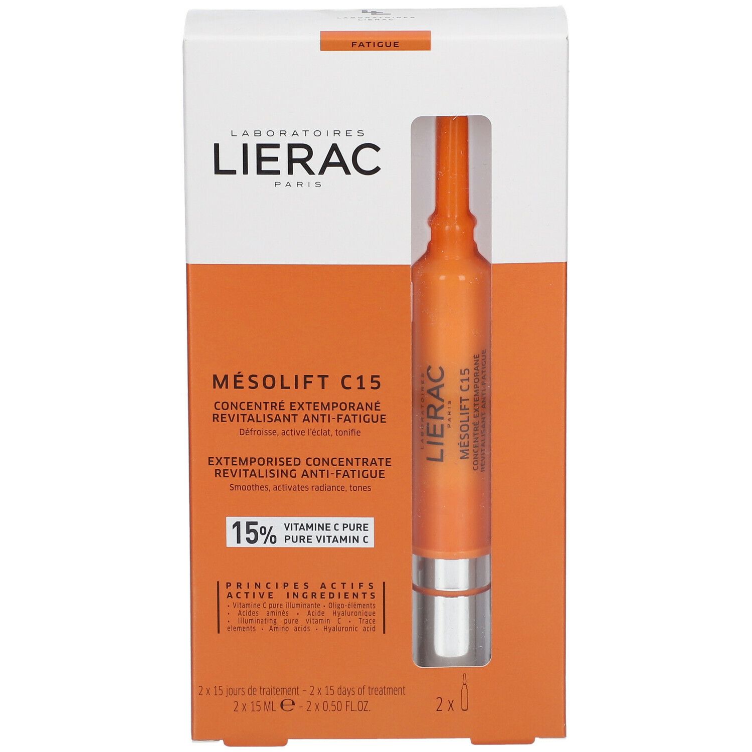 Emballage Lierac Mésolift C15. Ampoule visible dans la boîte. Inscription: nom du produit, marque, texte et 15% vitamine C.