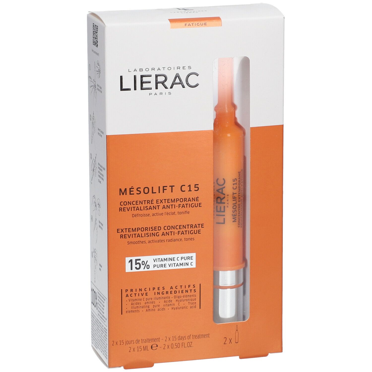 Emballage Lierac Mésolift C15. Ampoule visible dans la boîte. Inscription: nom du produit, marque, texte et 15% vitamine C.