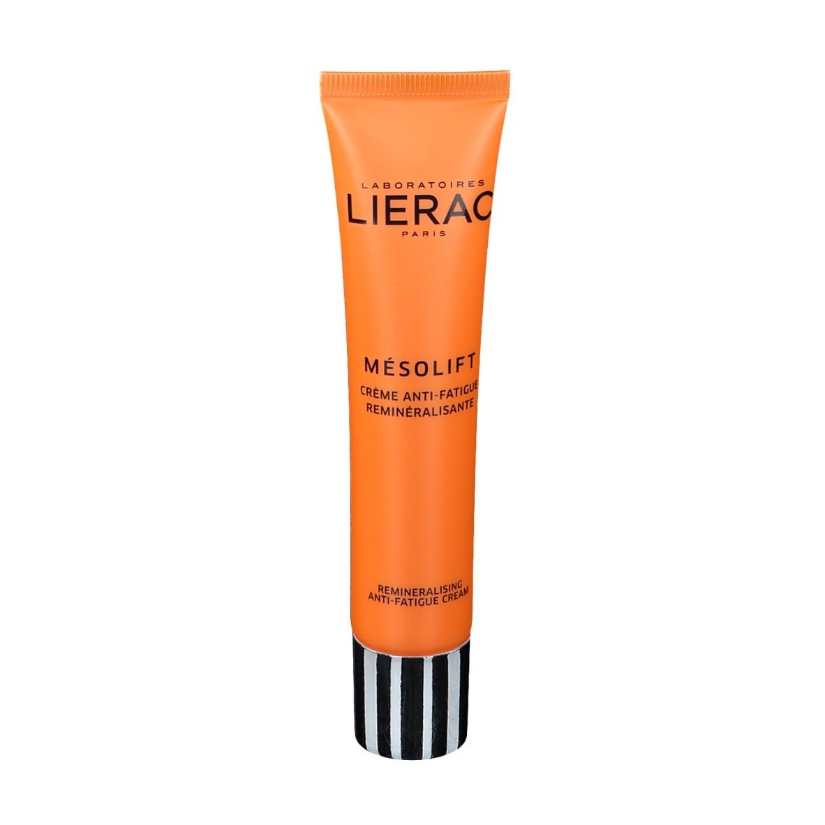 Oranje tube met zwarte en witte strepen aan de basis. Tekst: Lierac, Mésolift, Crème Anti-Fatigue Reminéralisante.