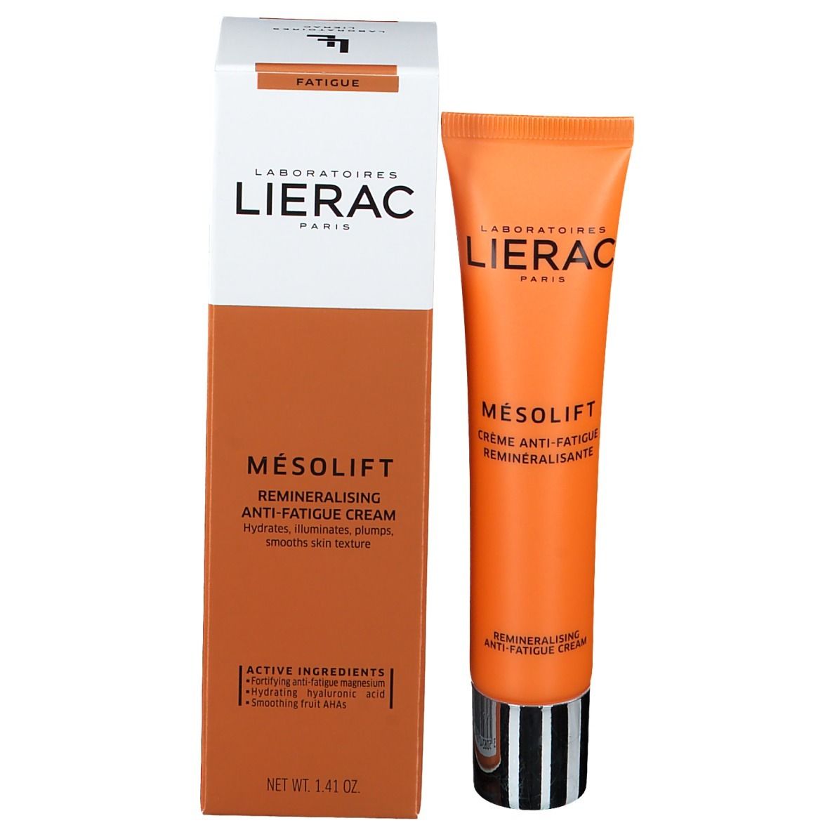 Verpakking met tube. Oranje tube, tekst: Lierac, Mésolift, Crème Anti-Fatigue Reminéralisante. Doos wit/oranje.