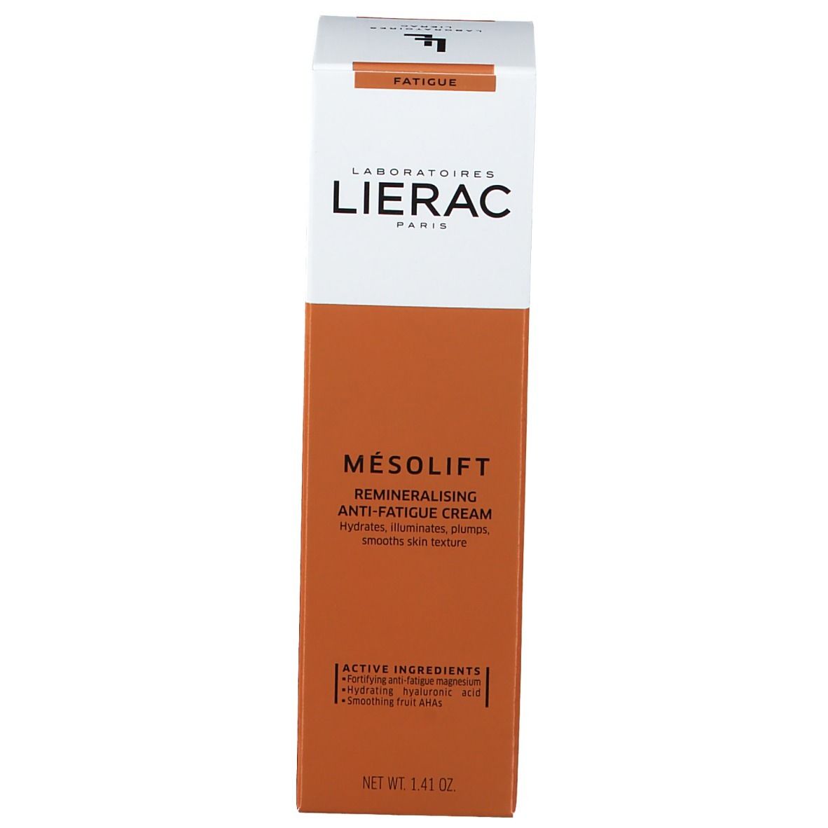 Verpakking. Wit/oranje doos. Tekst: Lierac, Mésolift, Crème Anti-Fatigue Reminéralisante. Ingrediënten.