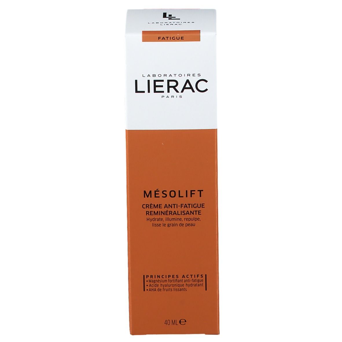 Verpakking. Tekst: Lierac, Mésolift, Crème Anti-Fatigue Reminéralisante. 40 ml. Ingrediënten.
