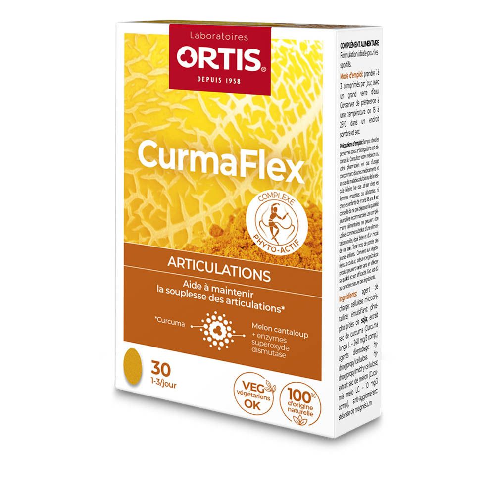 Boîte de Ortis CurmaFlex. Carton blanc avec nom et logo du produit. Contient 30 gélules. Avec certifications.