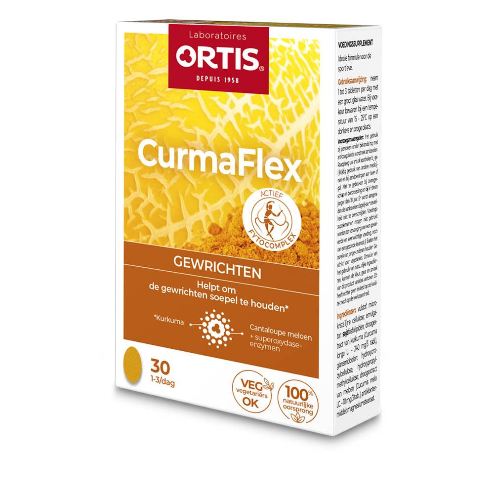 Boîte de Ortis CurmaFlex. Carton blanc avec nom et logo du produit. Contient 30 gélules. Avec certifications.