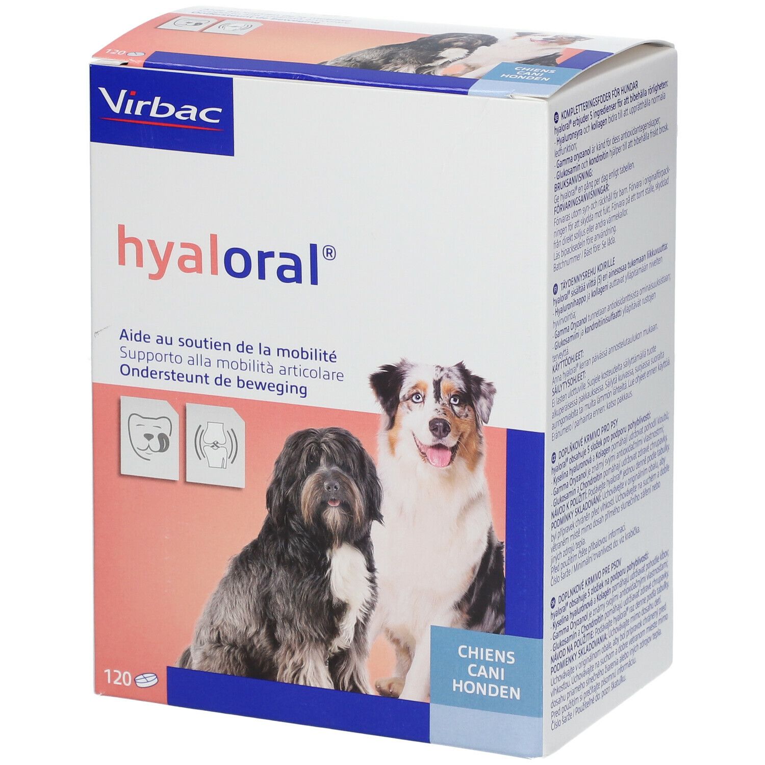 Boîte Virbac Hyaloral avec deux chiens. Texte: "Aide au soutien de la mobilité". Contient 120 comprimés.