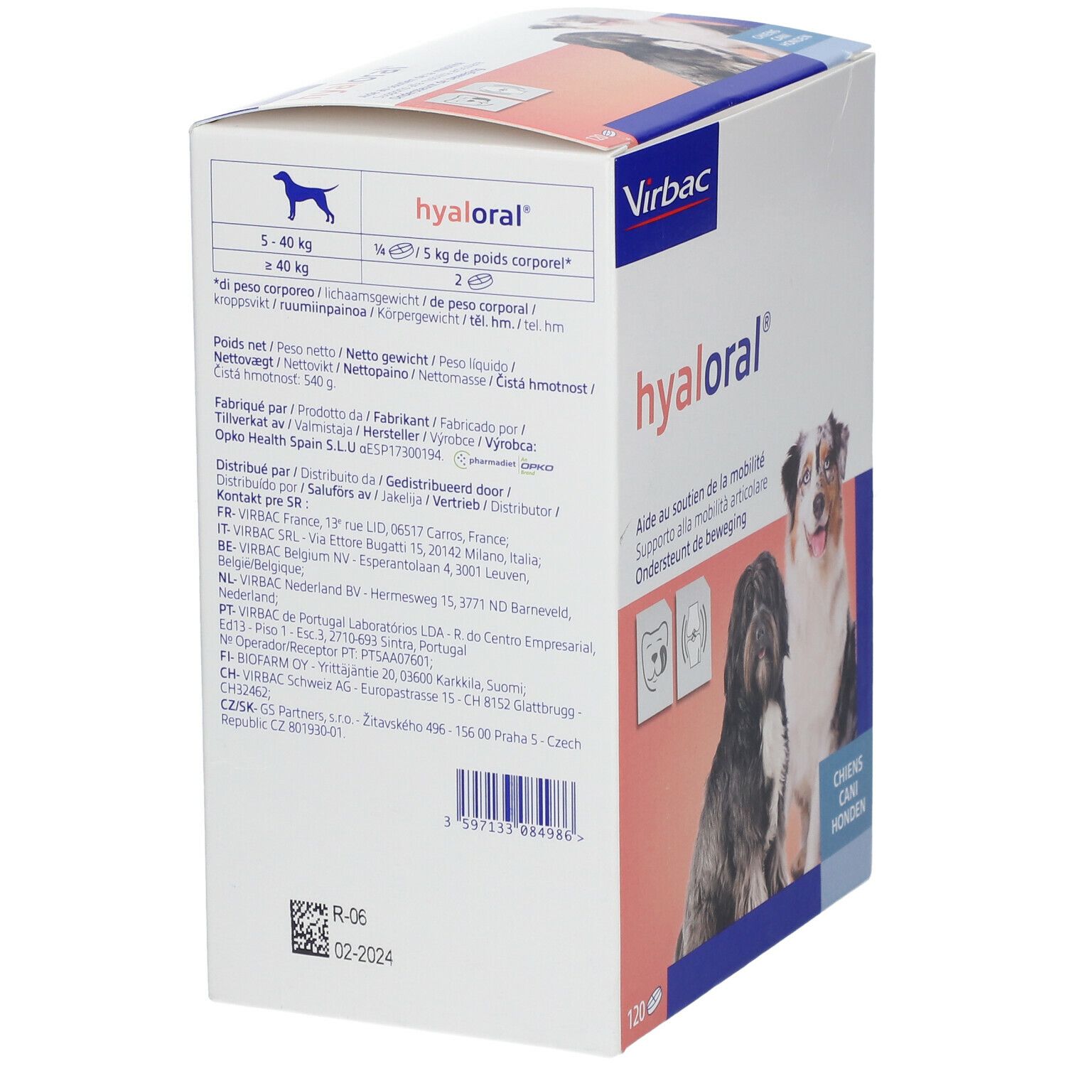 Dos de la boîte Virbac Hyaloral. Informations sur les ingrédients et le dosage. Contient 120 comprimés.