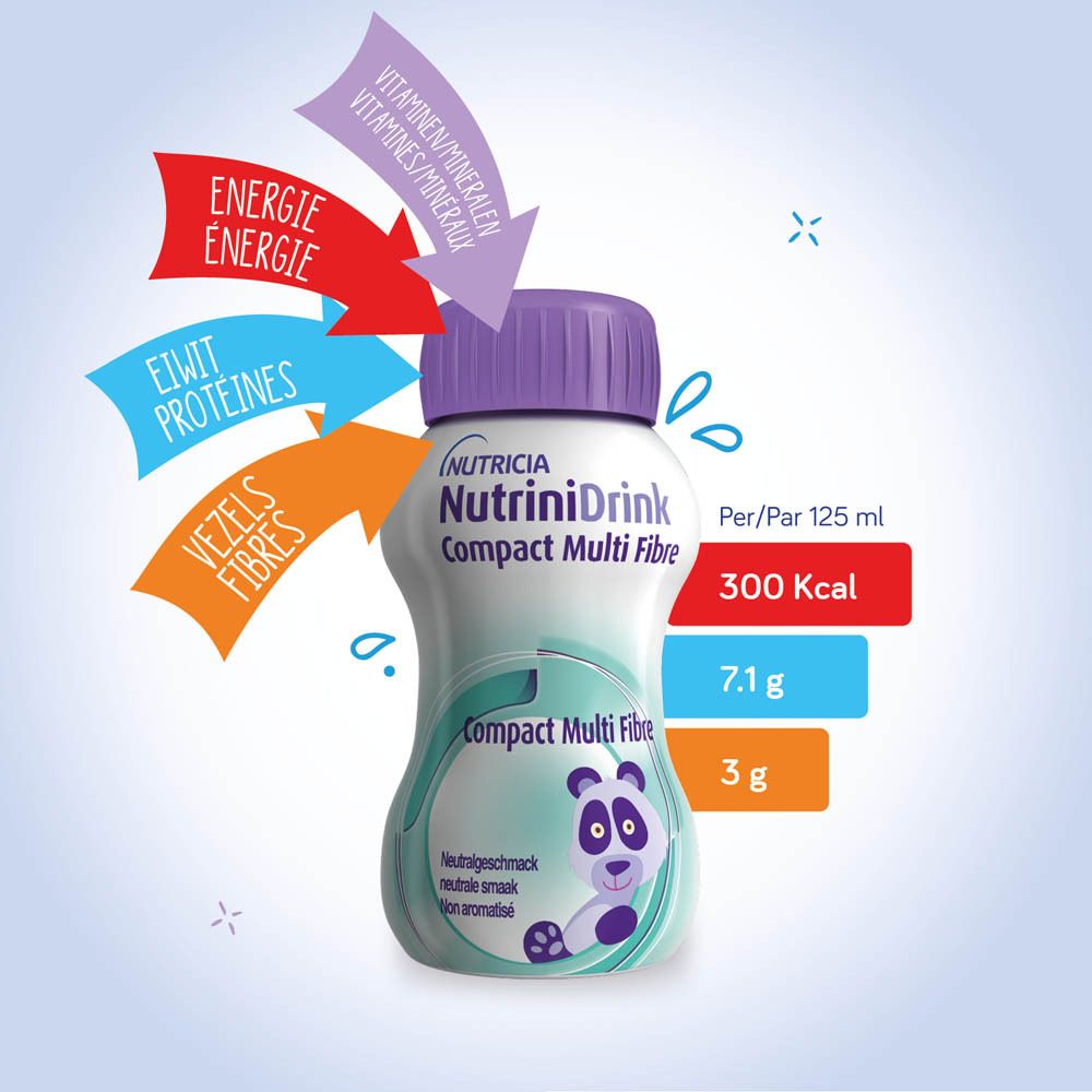 Bouteille NutriniDrink Compact Multi Fibre. Bouchon violet. Goût neutre. 125ml.