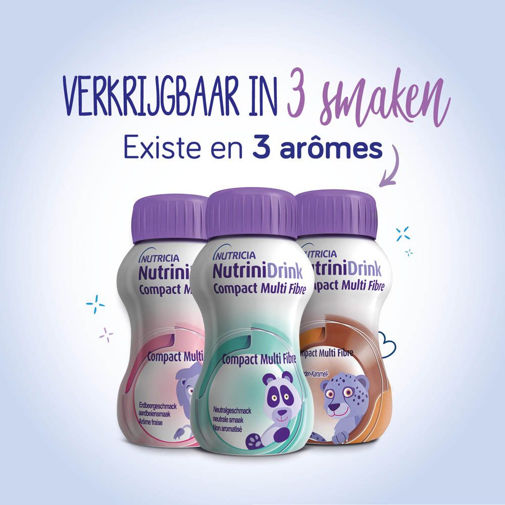 Paquet de 4 bouteilles NutriniDrink Compact Multi Fibre. Bouchons violets. Panda.