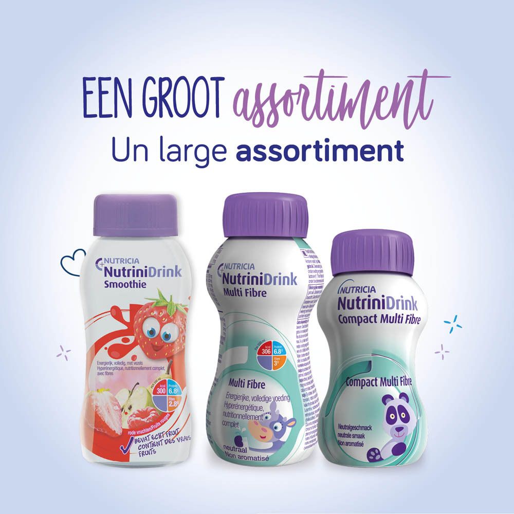 Paquet de 4 bouteilles NutriniDrink Compact Multi Fibre. Bouchons violets. Panda.