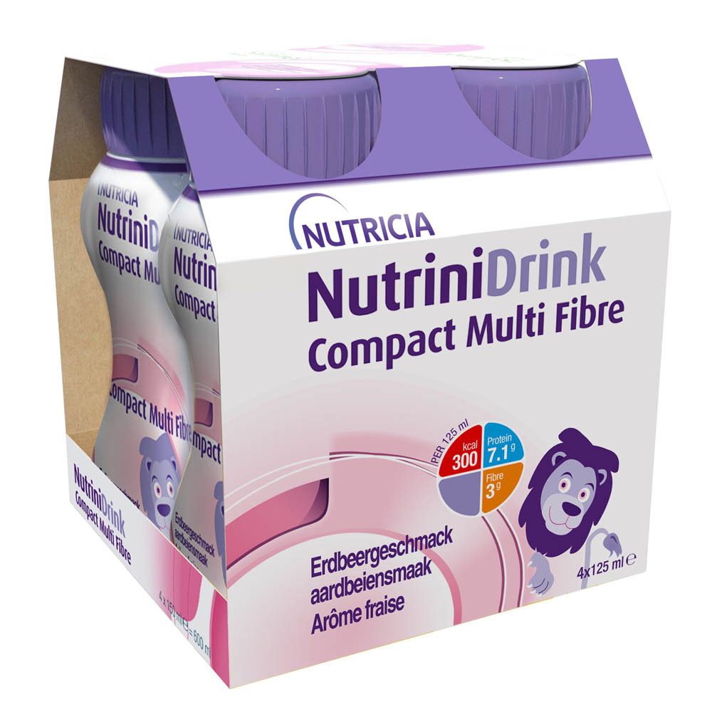 Fles NUTRINIDRINK Compact Multi Fibre Erdbeere, paarse dop. Opschrift: Aardbeiensmaak, Arôme fraise, 125ml.