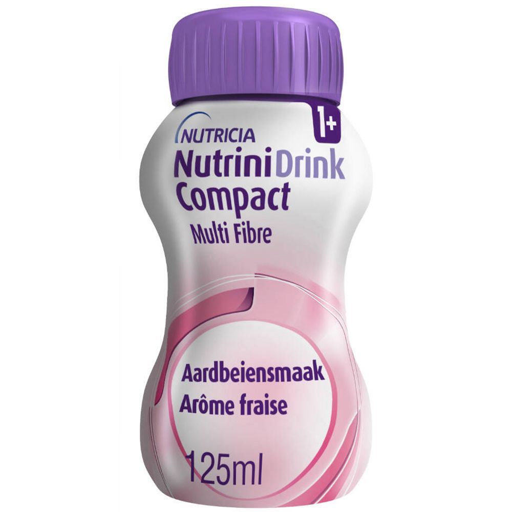 Bouteille NUTRINIDRINK Compact Multi Fibre Erdbeere, bouchon violet, 125ml. Inscription: Aardbeiensmaak, Arôme fraise.