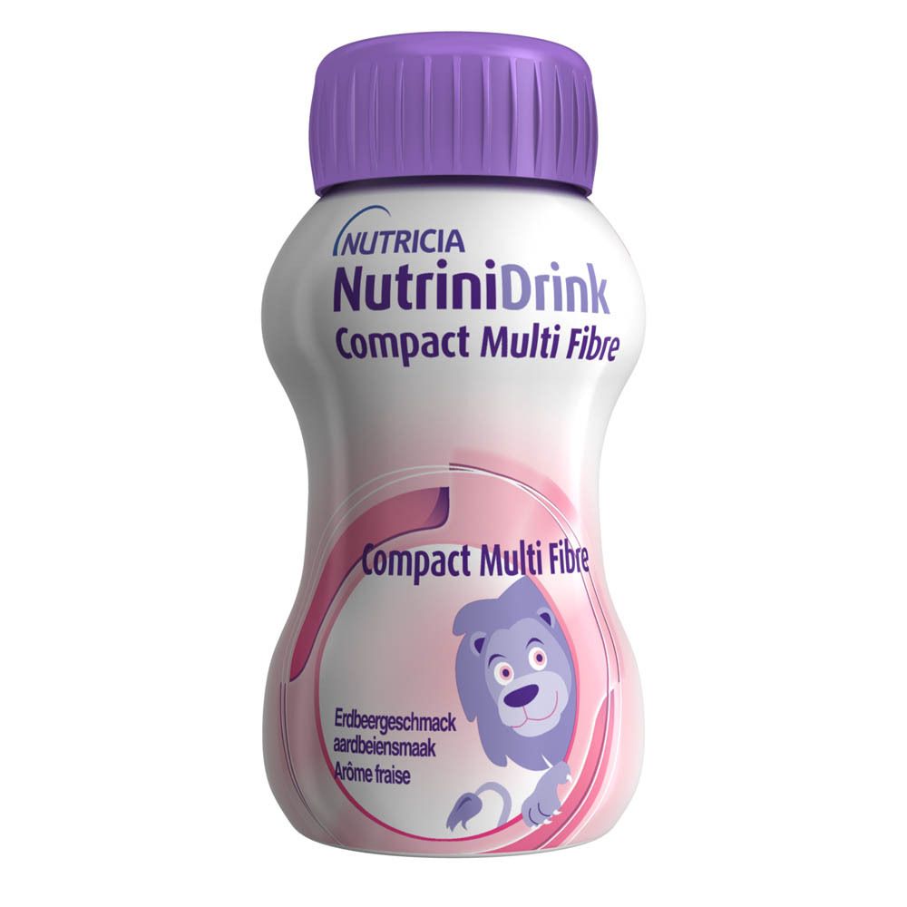 Bouteille NUTRINIDRINK Compact Multi Fibre, bouchon violet. Inscription: Erdbeergeschmack, Aardbeiensmaak, Arôme fraise. Lion de dessin animé.