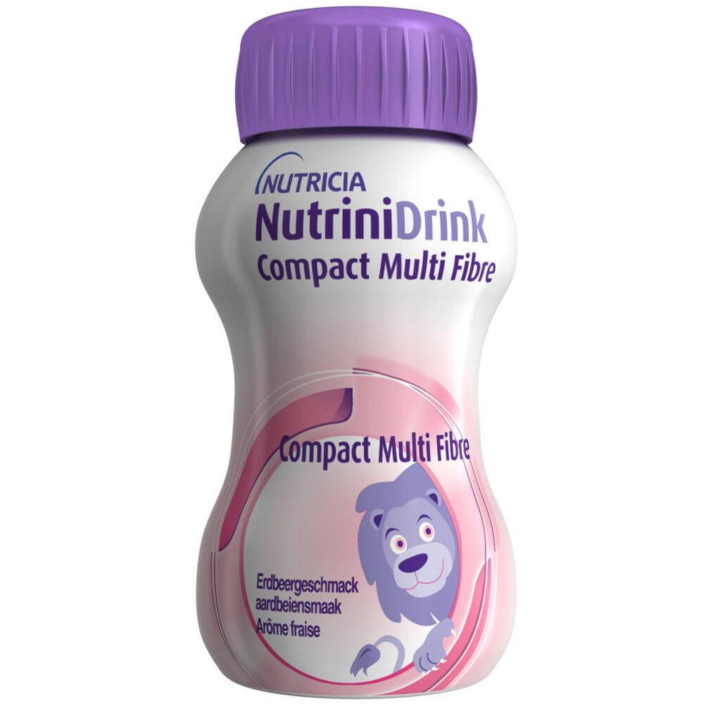 Bouteille NUTRINIDRINK Compact Multi Fibre, bouchon violet. Inscription: Erdbeergeschmack, Aardbeiensmaak, Arôme fraise. Lion de dessin animé.