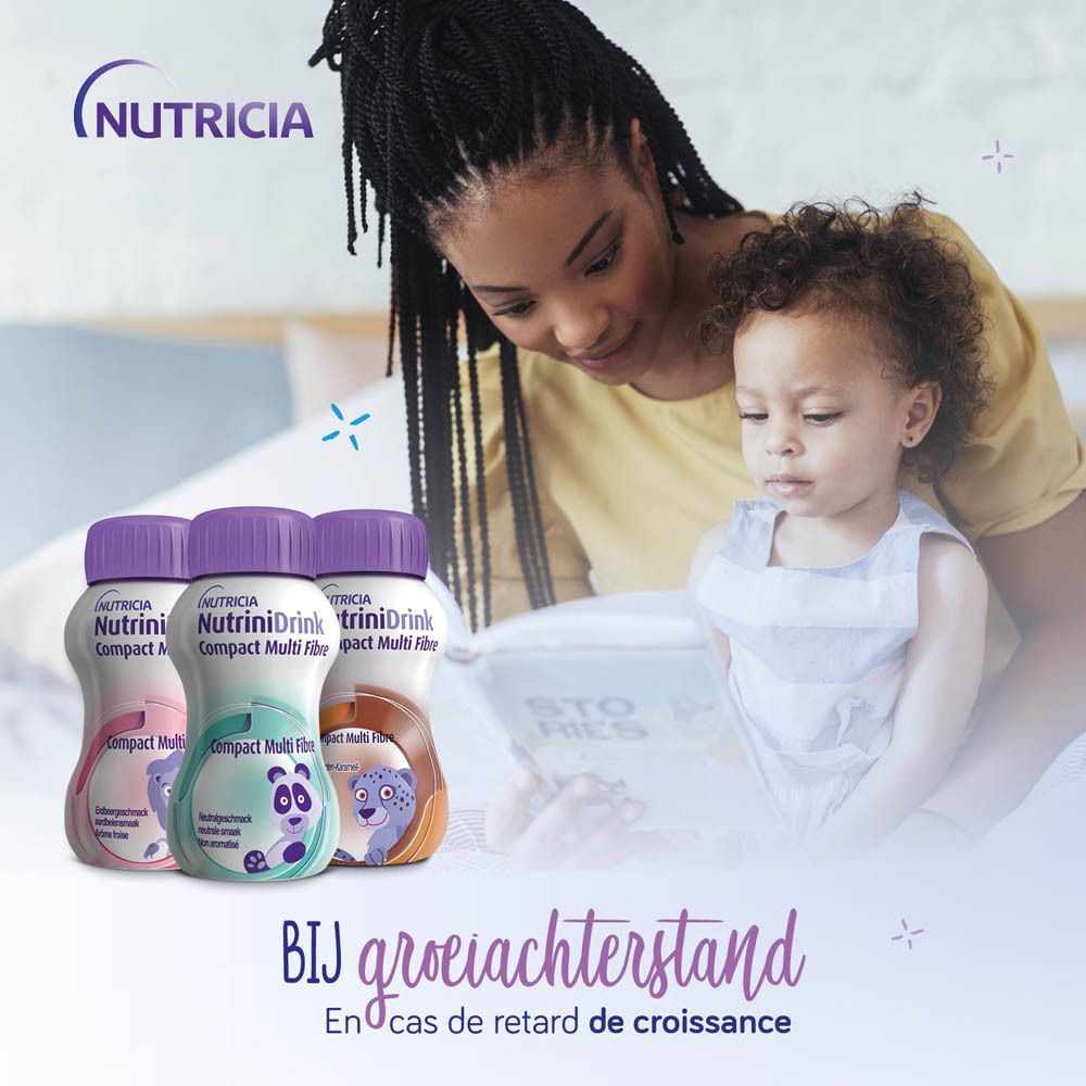 Bouteille NUTRINIDRINK Compact Multi Fibre, bouchon violet. Inscription: Erdbeergeschmack, Aardbeiensmaak, Arôme fraise. Panda de dessin animé.