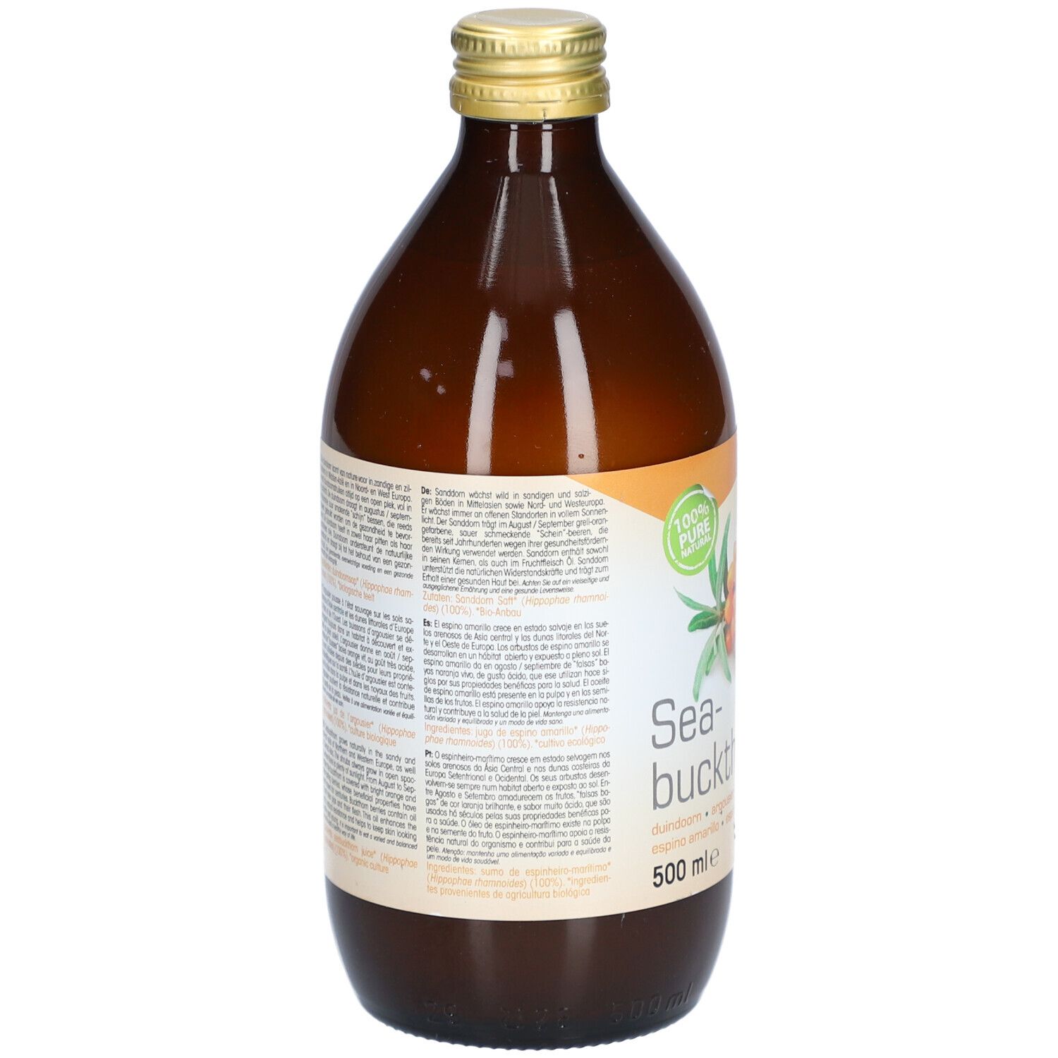 Dos d'une bouteille en verre brun avec bouchon doré. Étiquette avec texte. 500 ml.