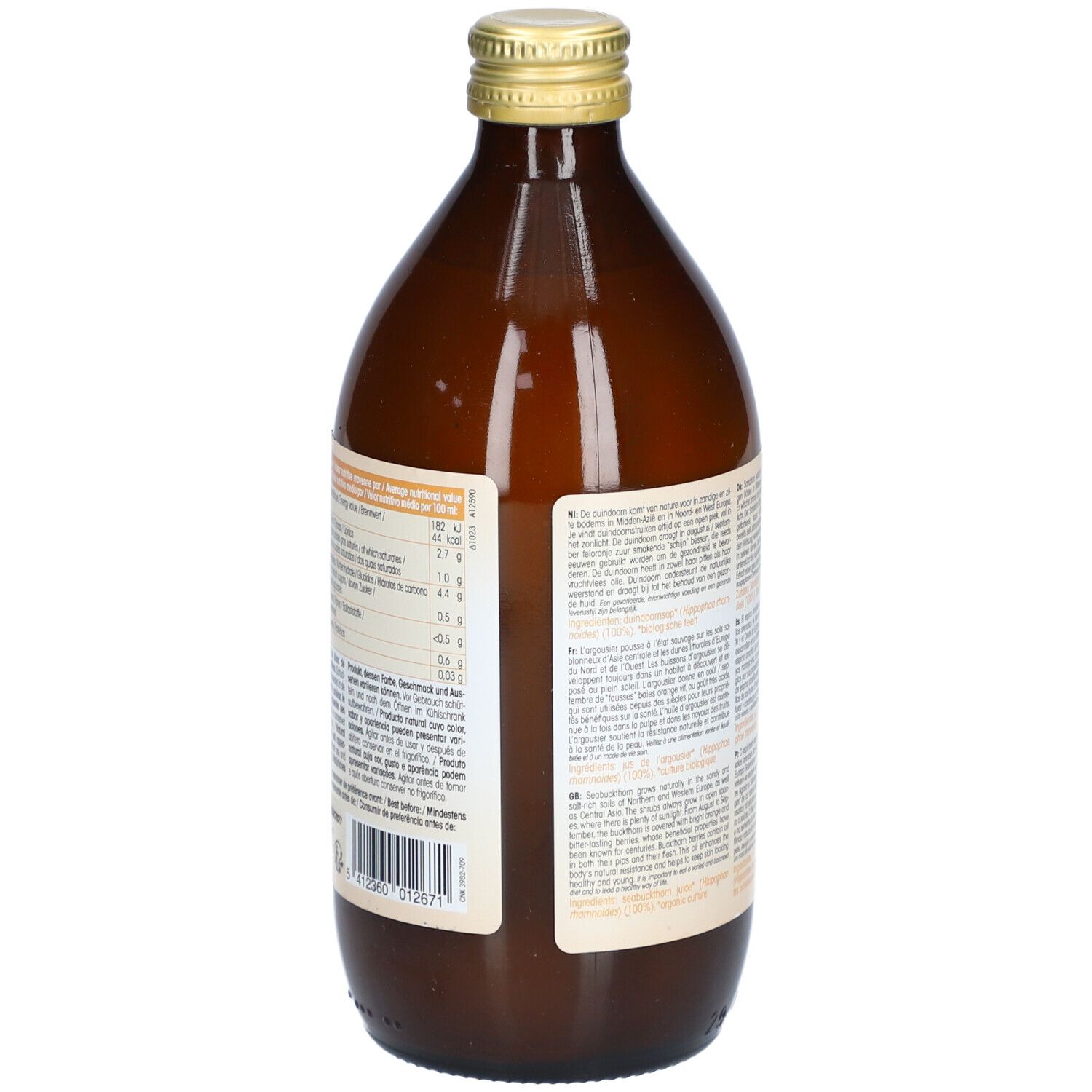Dos d'une bouteille en verre brun avec bouchon doré. Étiquette avec informations nutritionnelles. 500 ml.
