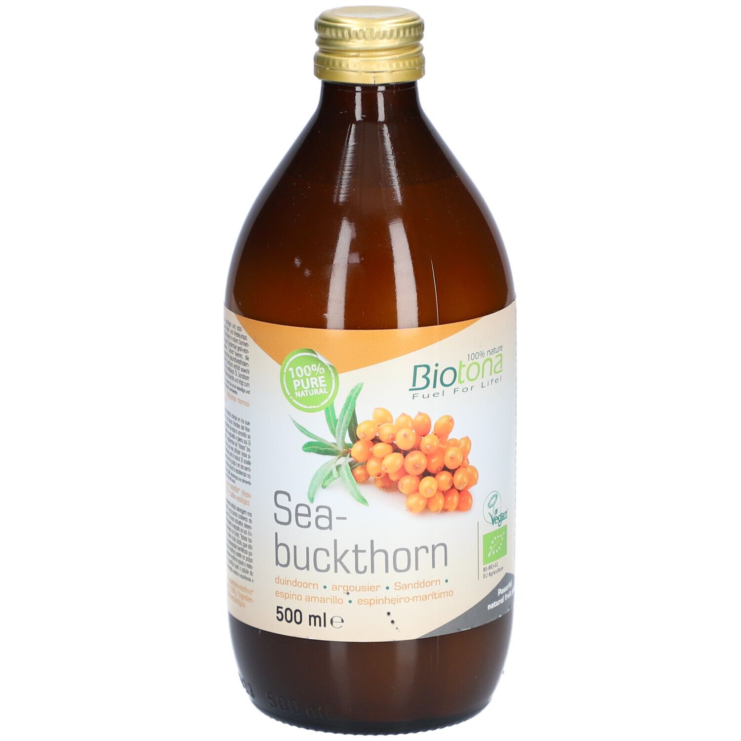 Bouteille en verre brun avec bouchon doré. Étiquette avec nom Sea-buckthorn et logo Biotona. 500 ml.