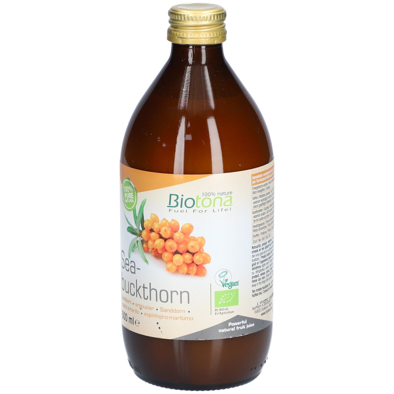 Bouteille en verre brun avec bouchon doré. Étiquette avec nom Sea-buckthorn et logo Biotona. 500 ml.
