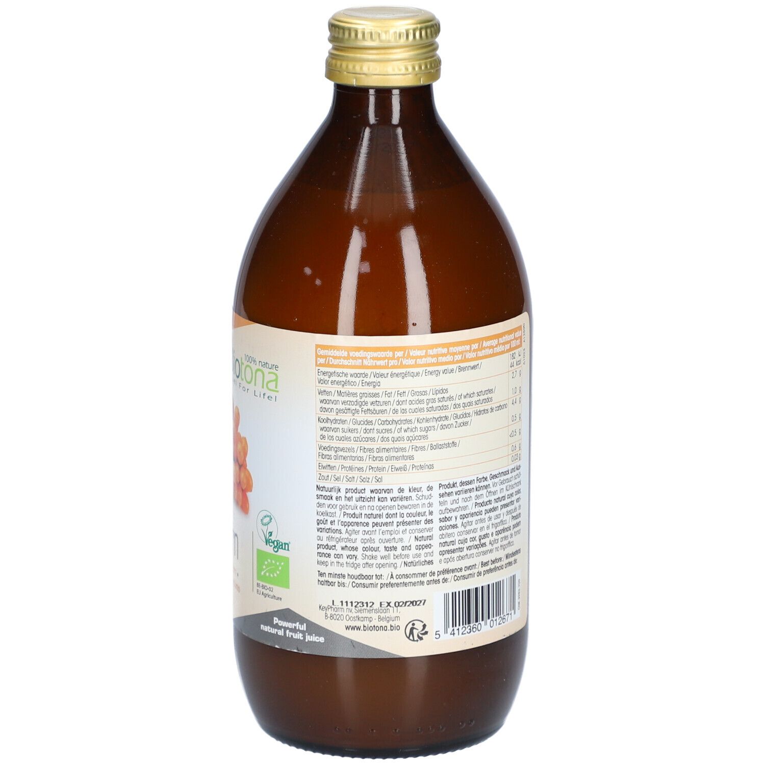 Dos d'une bouteille en verre brun avec bouchon doré. Étiquette avec informations nutritionnelles. 500 ml.