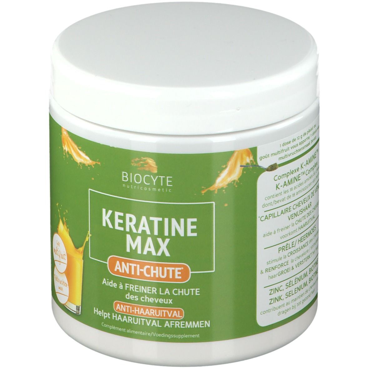 Pot blanc avec étiquette verte. Inscription: Keratine Max Anti-Chute. Logo Biocyte. Illustration d'une boisson.