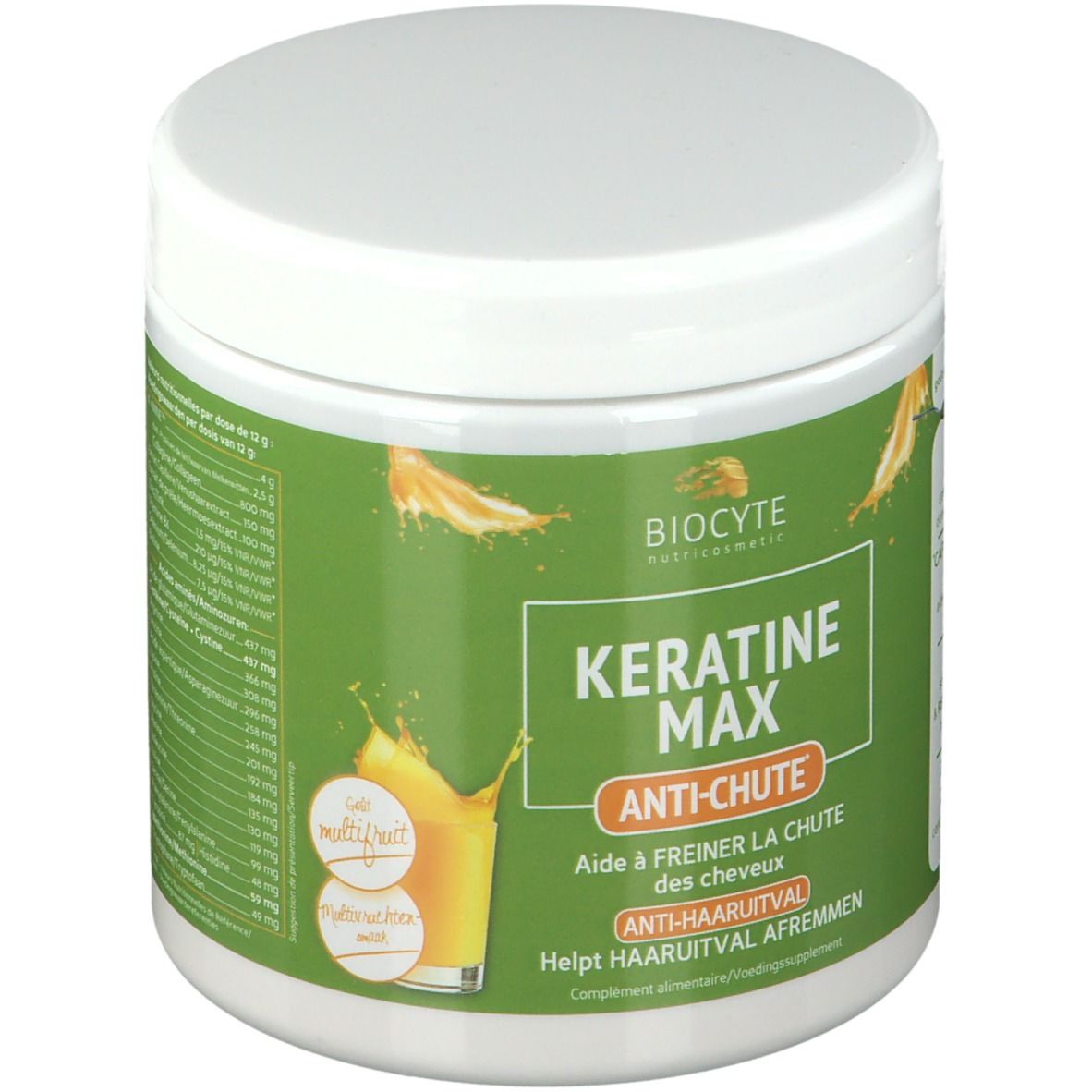 Pot blanc avec étiquette verte. Inscription: Keratine Max Anti-Chute. Logo Biocyte. Illustration d'une boisson. Ingrédients.