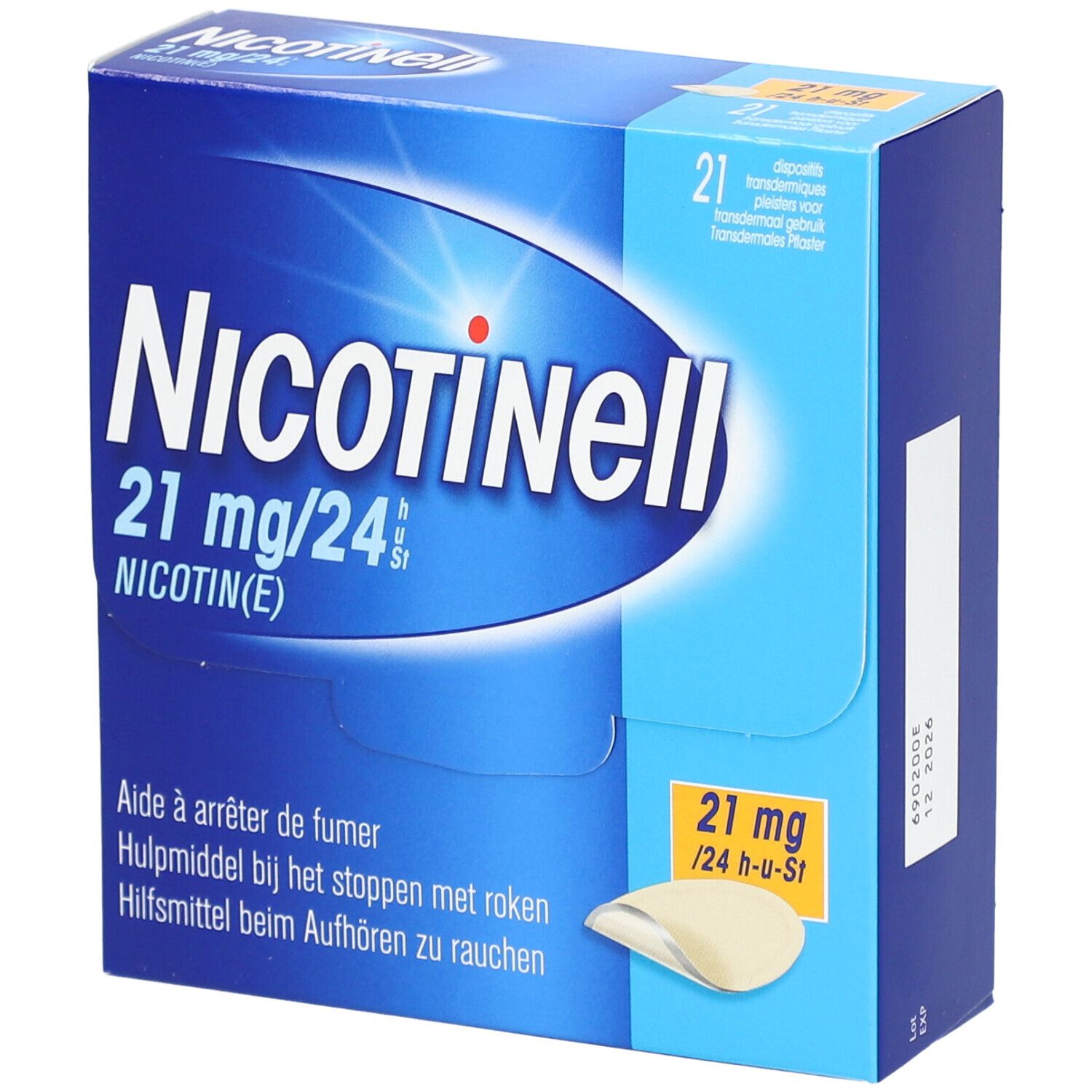 Blauwe doos Nicotinell 21mg/24h. Bevat 21 pleisters. Opschrift: Hulpmiddel bij het stoppen met roken.